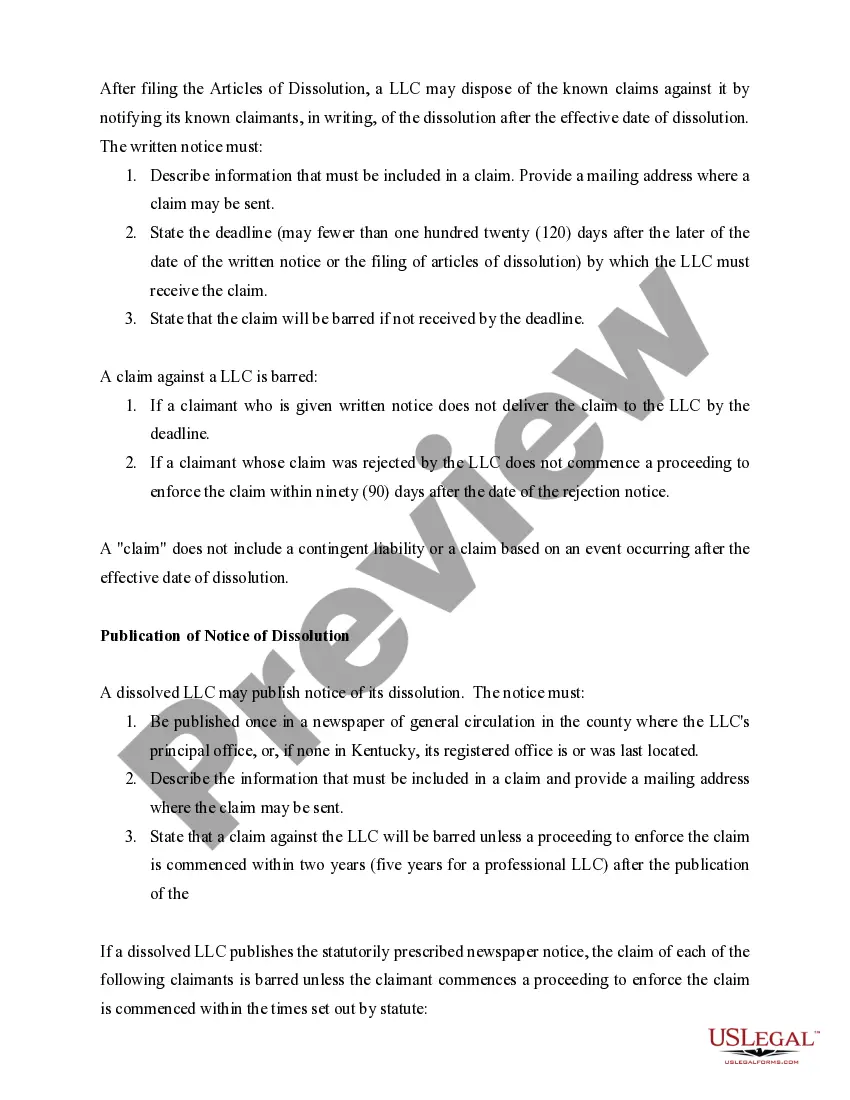 Preview Kentucky Dissolution Package to Dissolve Limited Liability Company LLC