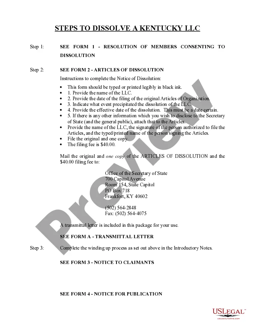 Preview Kentucky Dissolution Package to Dissolve Limited Liability Company LLC