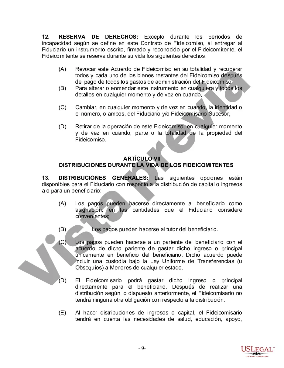 Preview Fideicomiso en Vida para Individuos Solteros, Divorciados o Viudos (o Viudos) sin Hijos