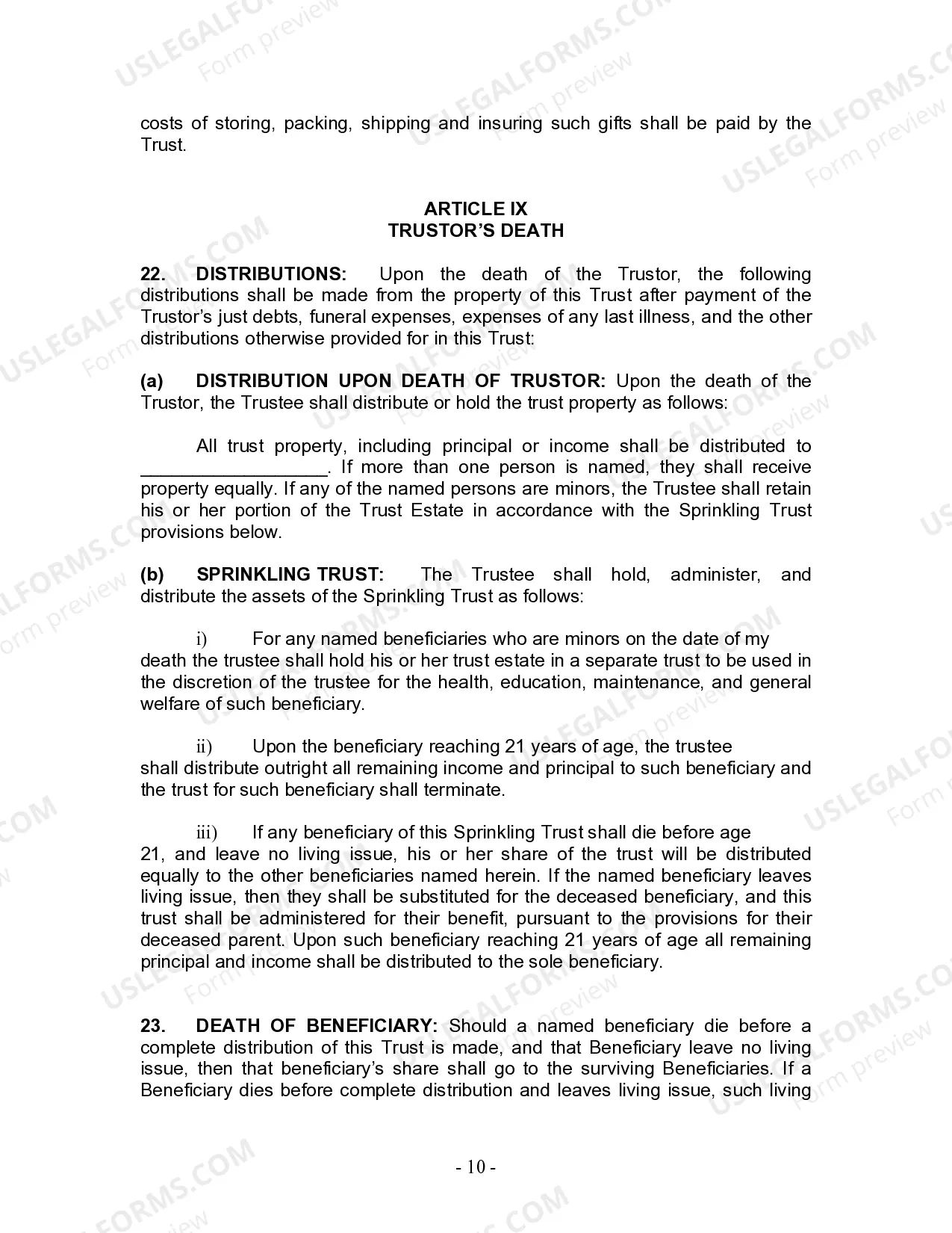 Preview Living Trust for Individual Who is Single, Divorced or Widow (or Widower) with No Children