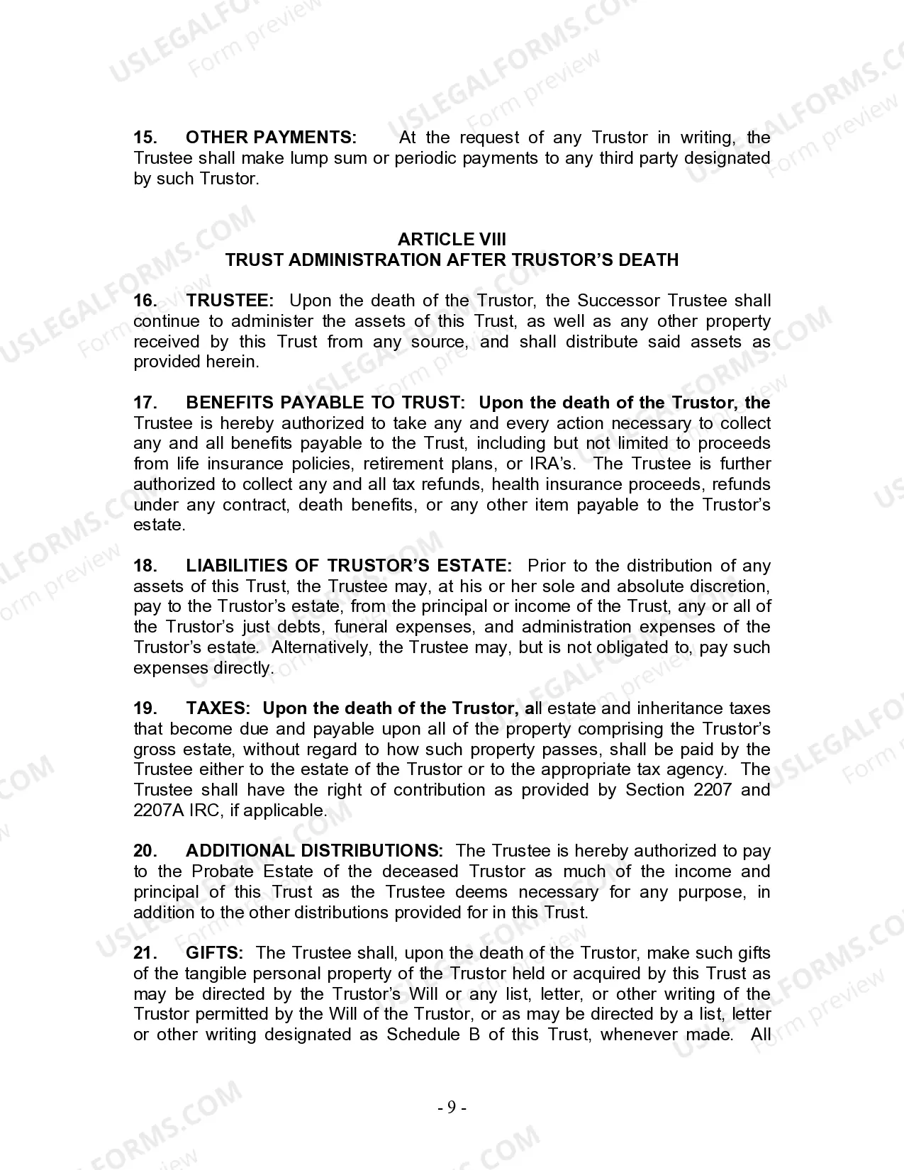 Preview Living Trust for Individual Who is Single, Divorced or Widow (or Widower) with No Children