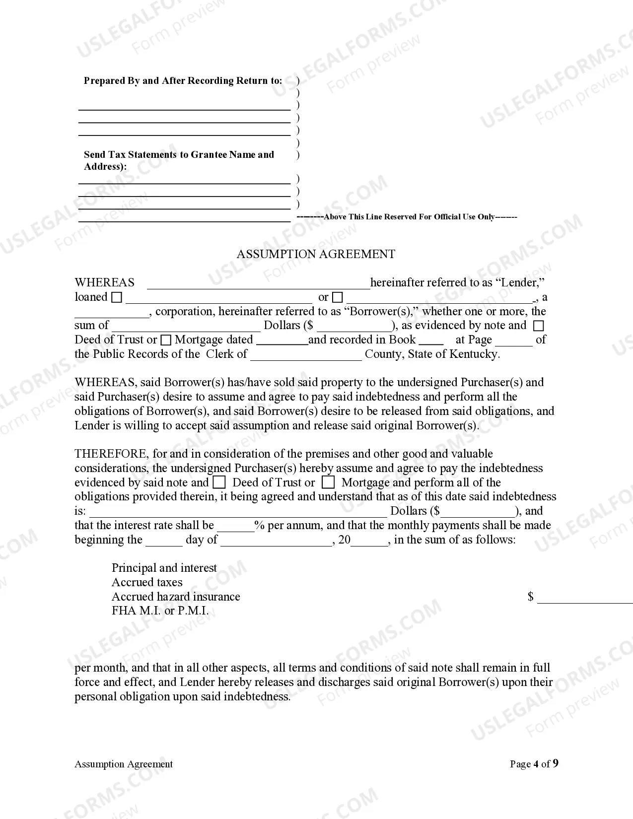 Preview Assumption Agreement of Mortgage and Release of Original Mortgagors