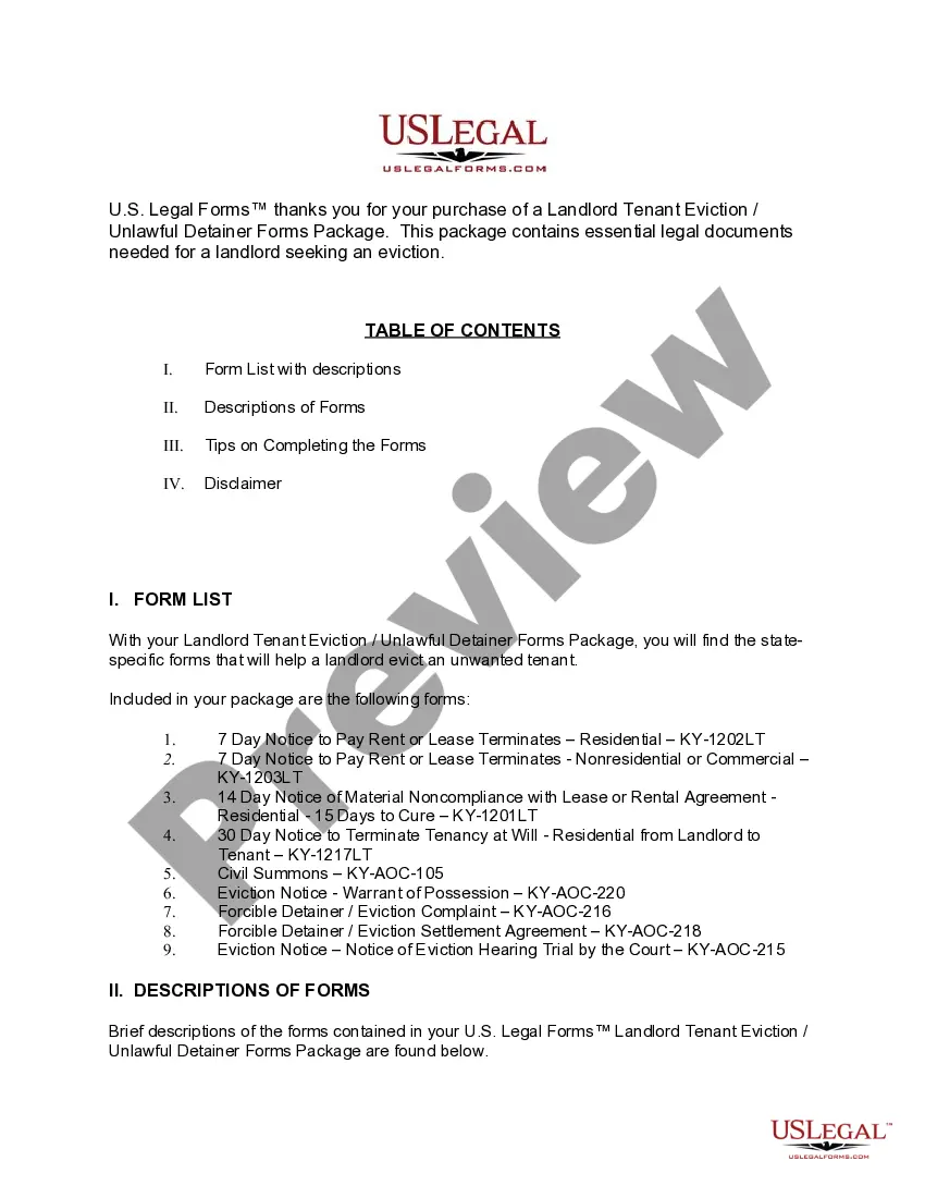 Get Kentucky Landlord Tenant Eviction / Unlawful Detainer Forms Package Preview Kentucky Landlord Tenant Eviction / Unlawful Detainer Forms Package