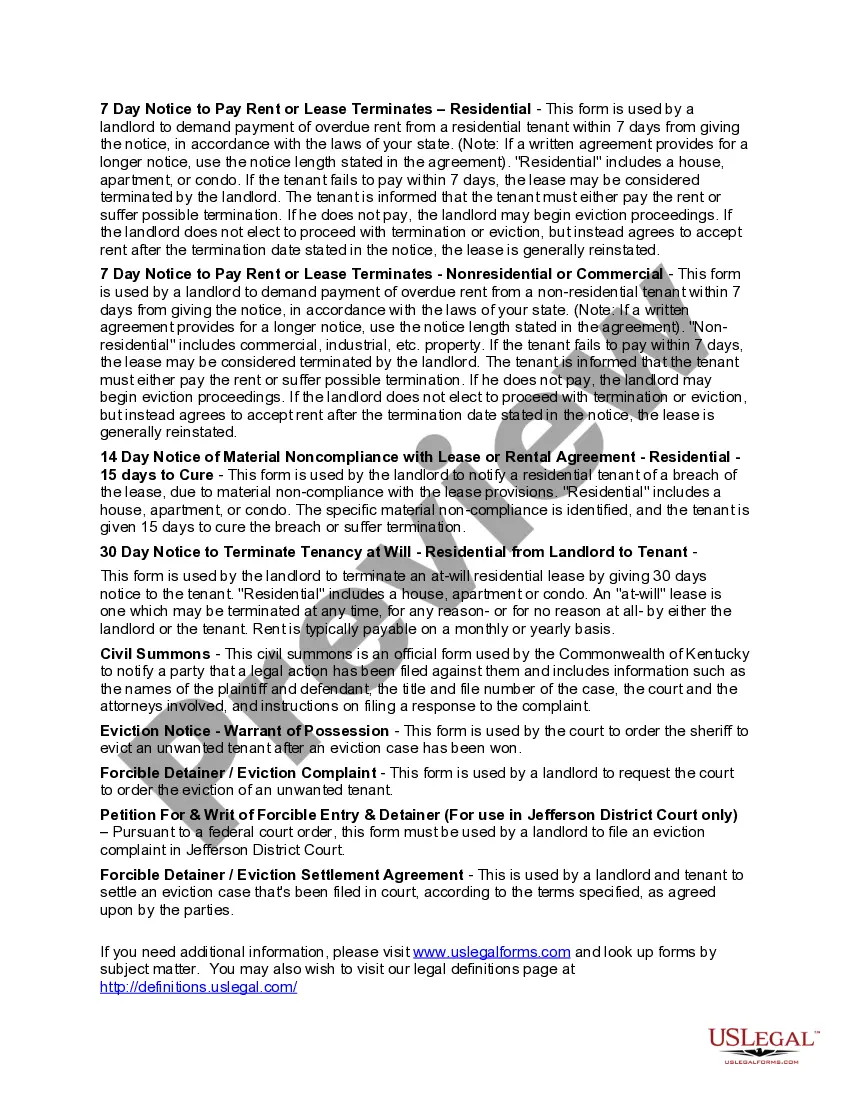 Get Kentucky Landlord Tenant Eviction / Unlawful Detainer Forms Package Preview Kentucky Landlord Tenant Eviction / Unlawful Detainer Forms Package