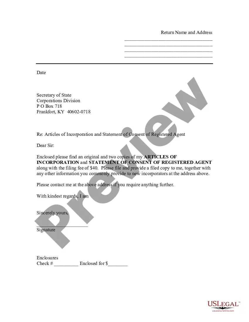 Preview Sample Transmittal Letter to Secretary of State's Office to File Articles of Incorporation