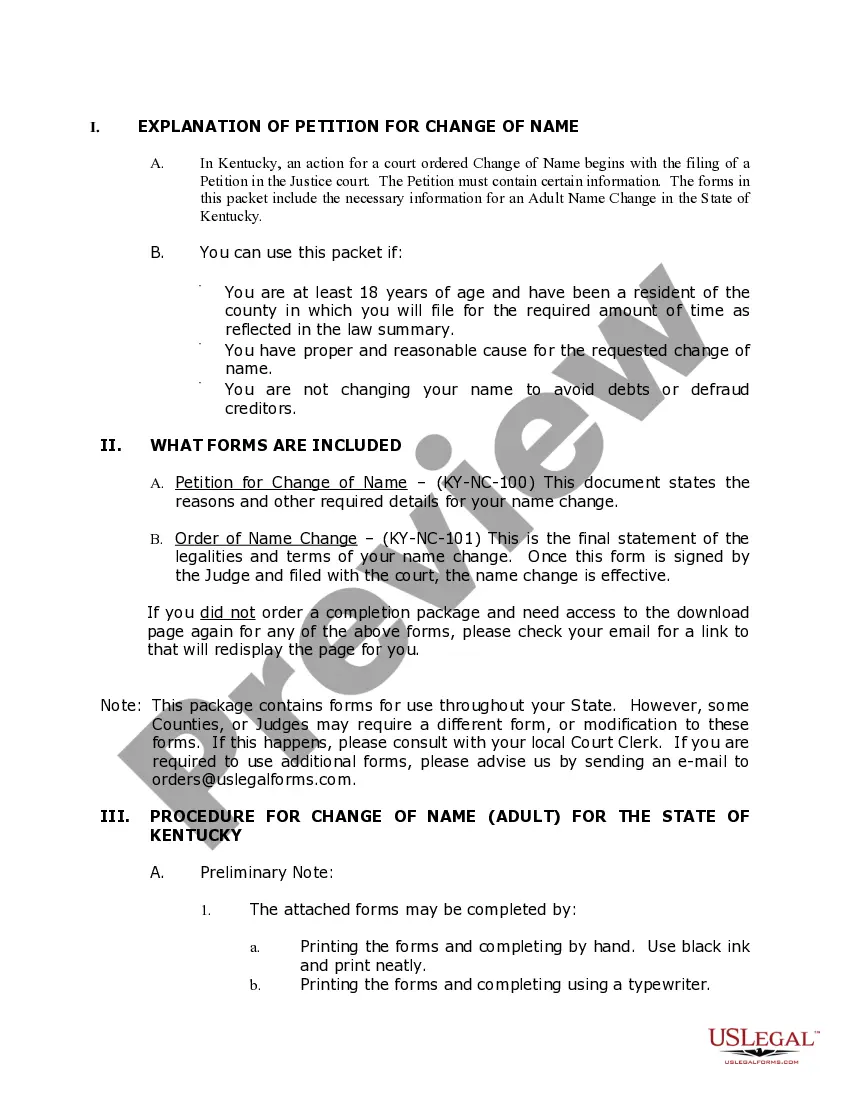 Preview Kentucky Name Change Instructions and Forms Package for an Adult