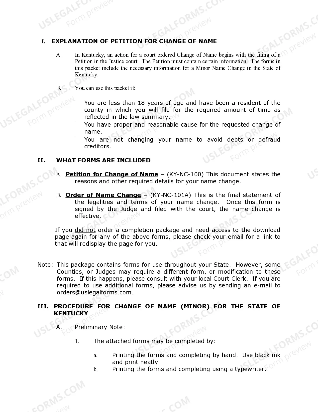 Preview Kentucky Name Change Instructions and Forms Package for a Minor