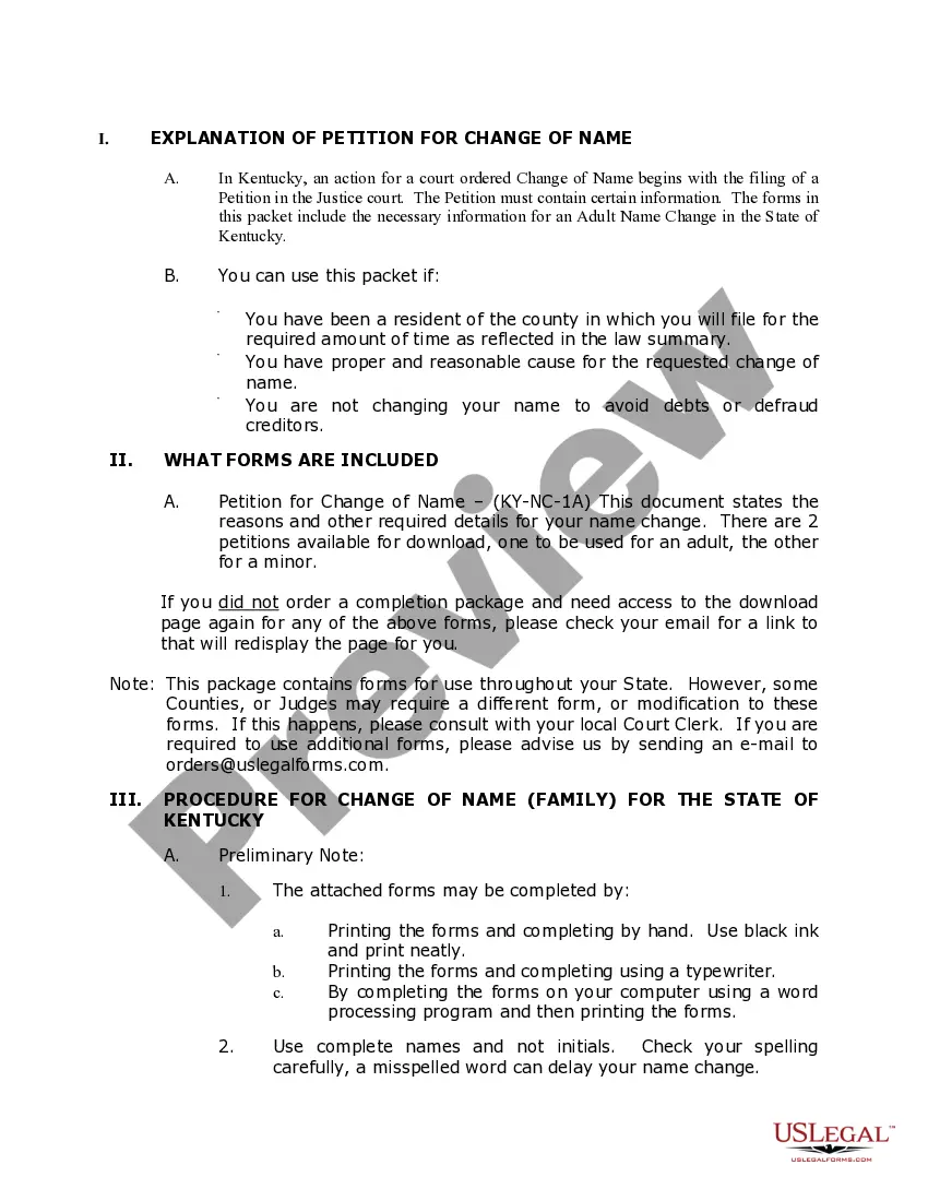 Preview Kentucky Name Change Instructions and Forms Package for a Family