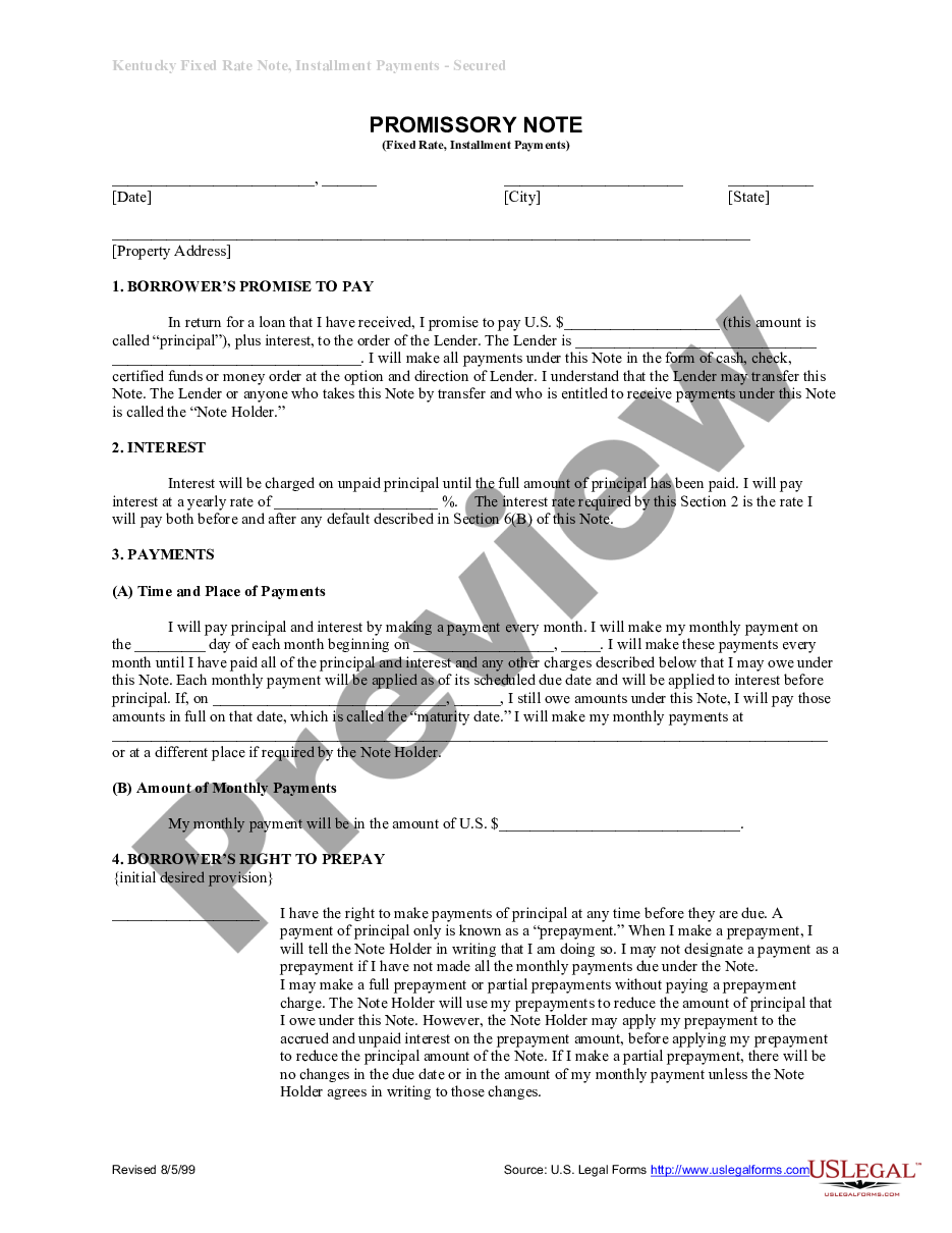 page 0 Kentucky Installments Fixed Rate Promissory Note Secured by Residential Real Estate preview