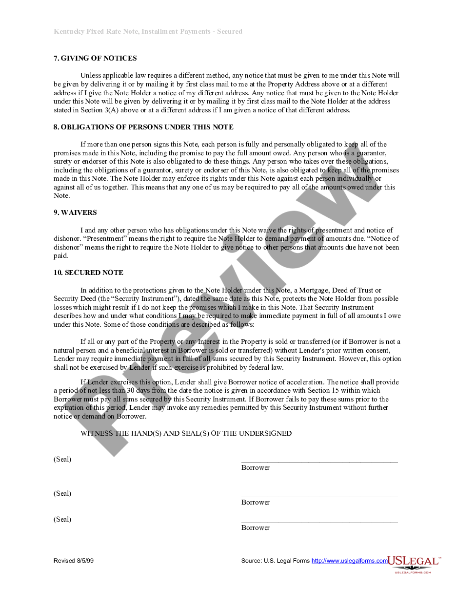 form Kentucky Installments Fixed Rate Promissory Note Secured by Residential Real Estate preview