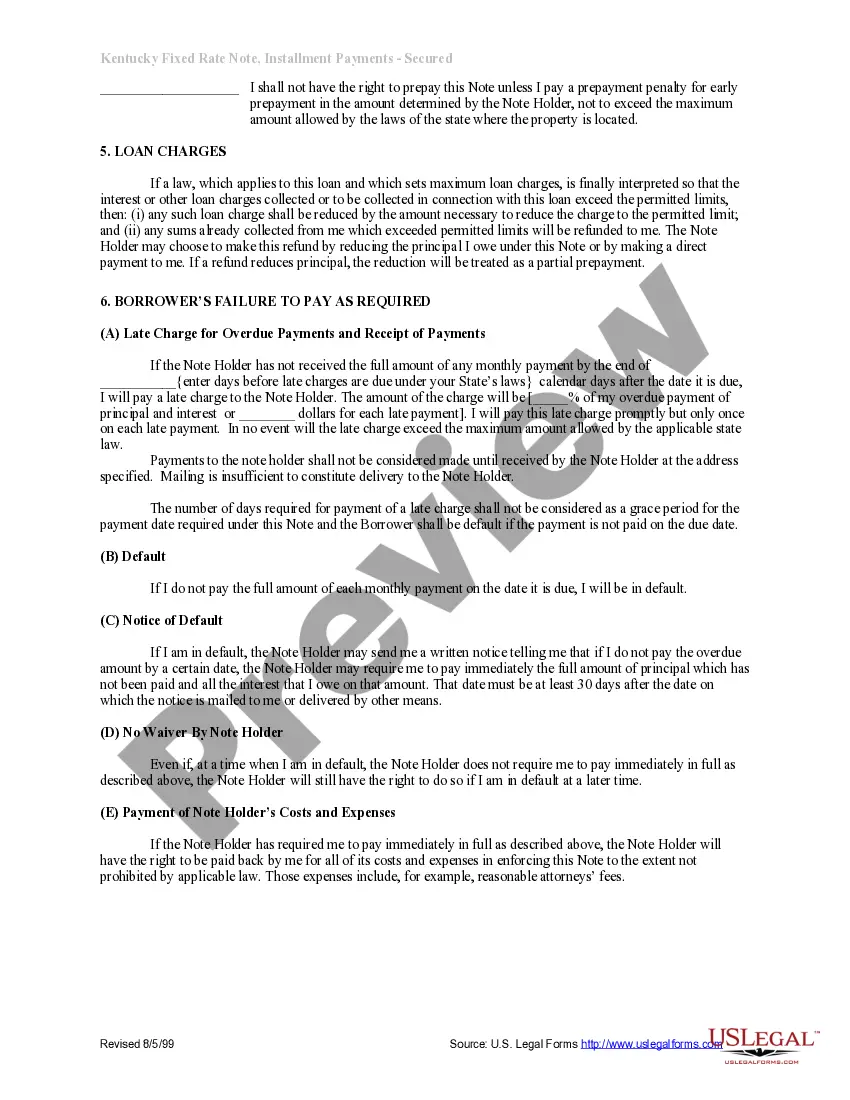 Preview Kentucky Installments Fixed Rate Promissory Note Secured by Residential Real Estate