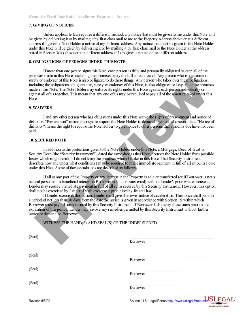 Preview Kentucky Installments Fixed Rate Promissory Note Secured by Residential Real Estate