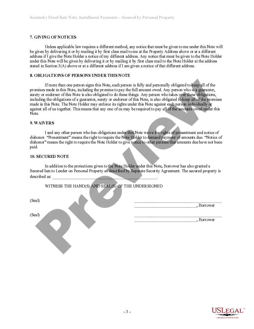 Preview Kentucky Installments Fixed Rate Promissory Note Secured by Personal Property