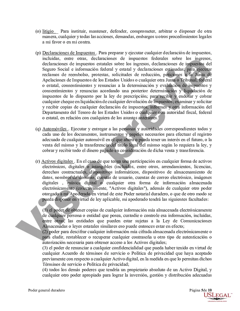 Preview Poder general duradero para la propiedad y las finanzas o efectivo financiero en caso de incapacidad