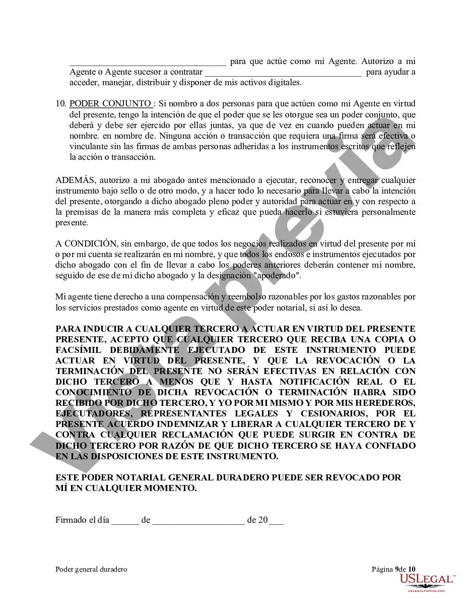 Preview Poder general duradero para la propiedad y las finanzas o efectivo financiero en caso de incapacidad