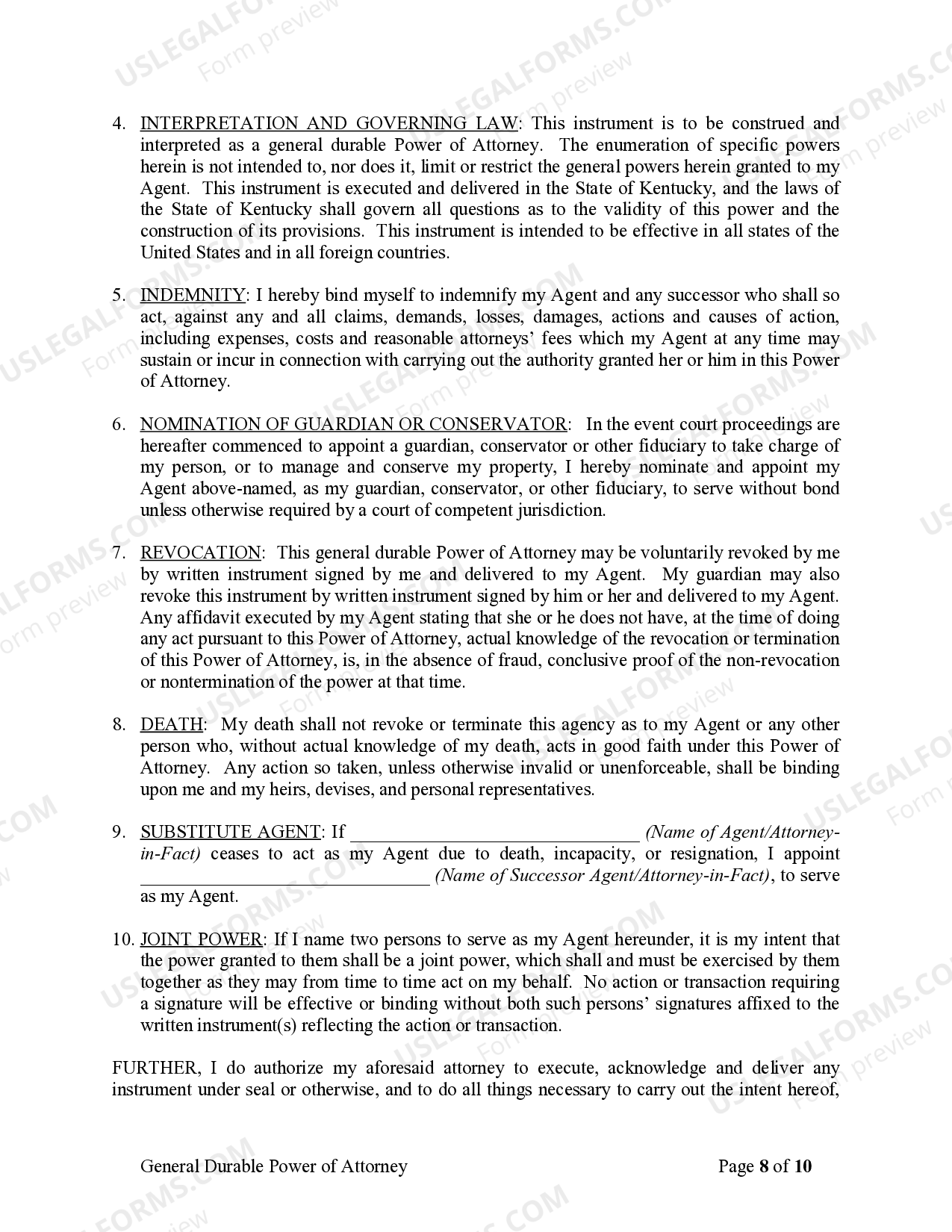 Kentucky General Durable Power of Attorney for Property and Finances or