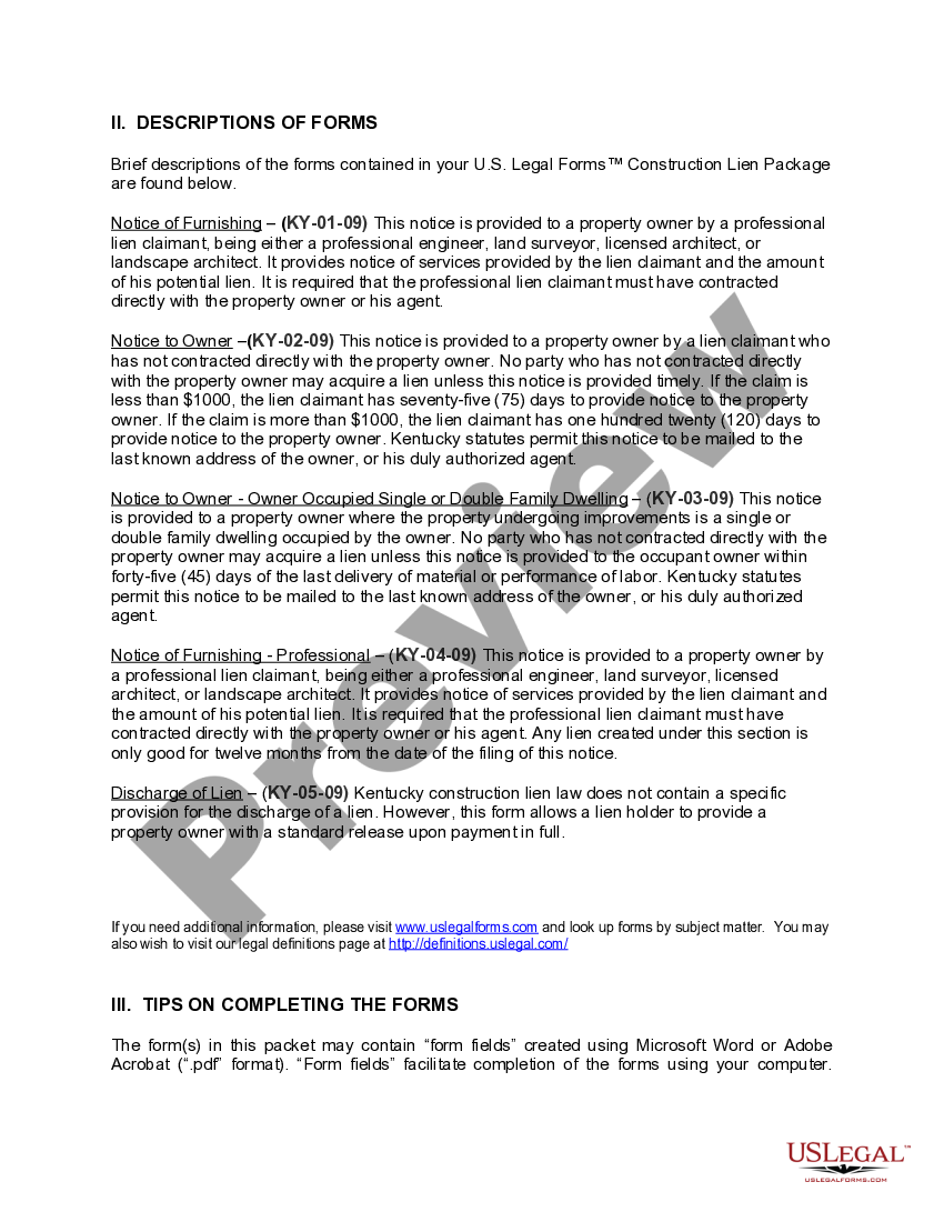 Kentucky Construction or Mechanics Lien Package Individual