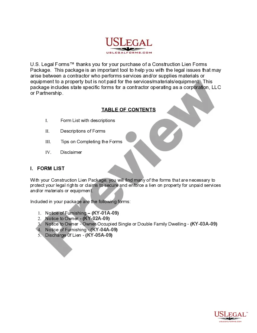 Preview Kentucky Construction or Mechanics Lien Package - Corporation or LLC