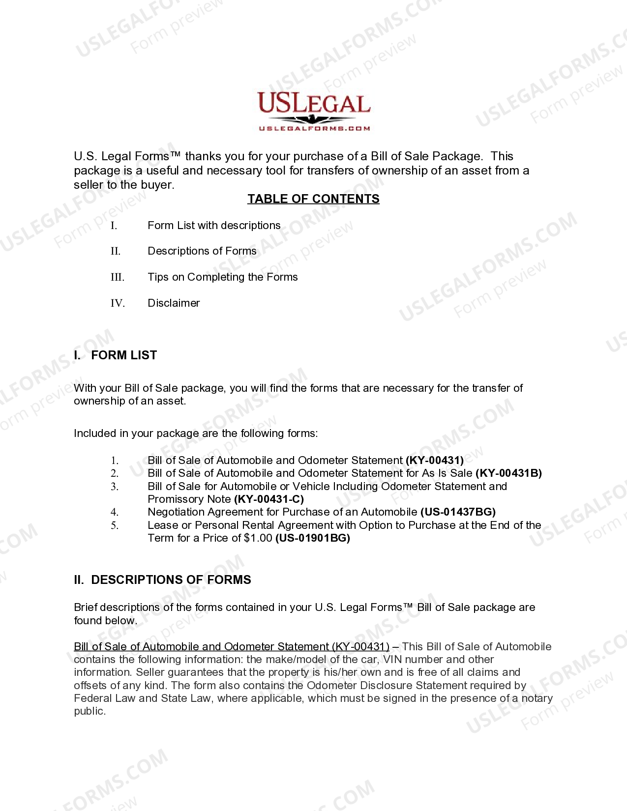 Kentucky Automobile Bill of Sale Package - Kentucky Bill Of Sale | US ...