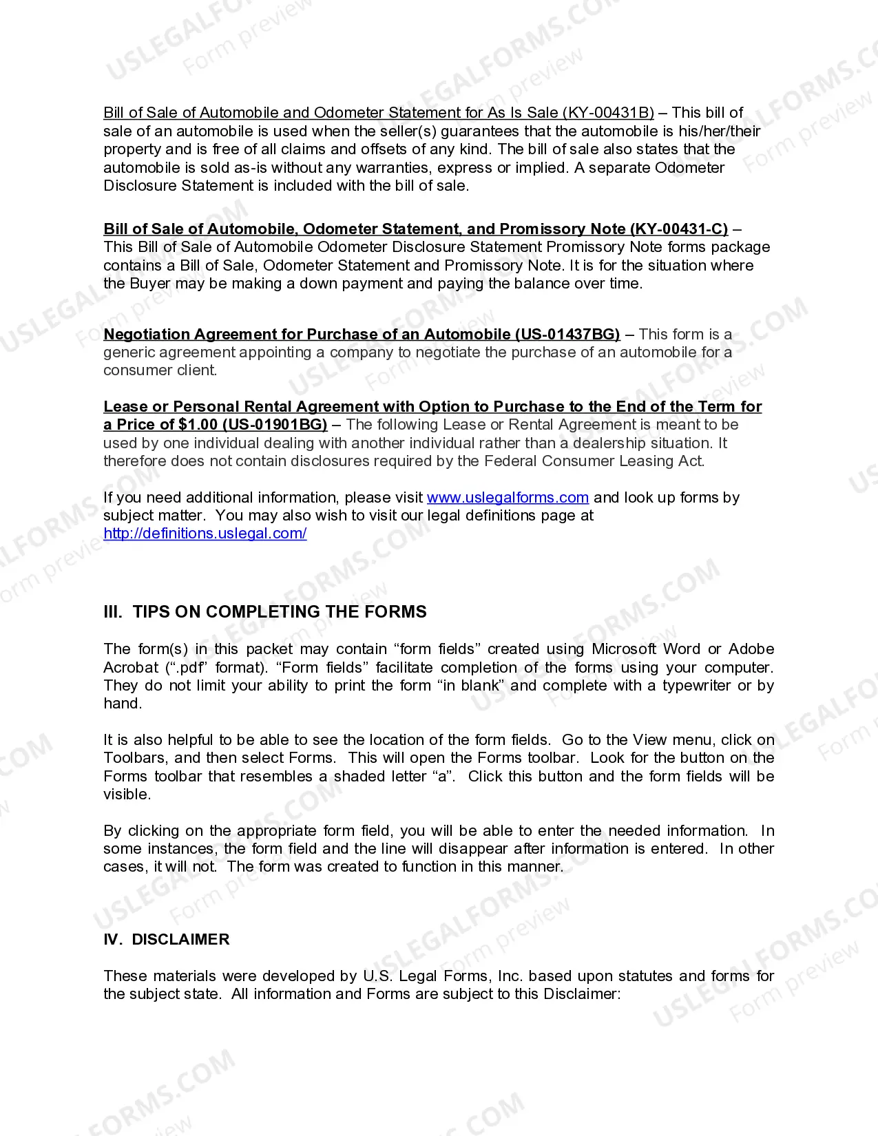 Preview Kentucky Automobile Bill of Sale Package