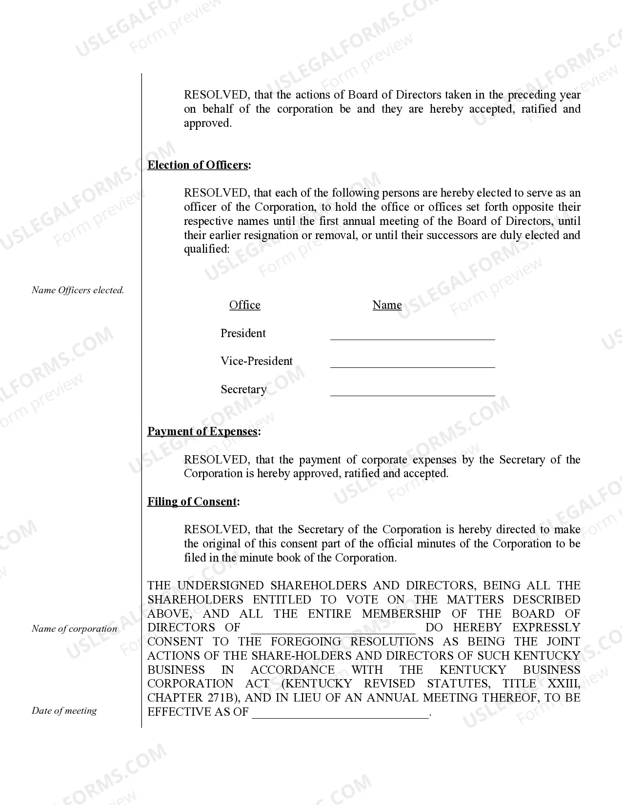 Preview Sample Annual Minutes for a Kentucky Professional Service Corporation