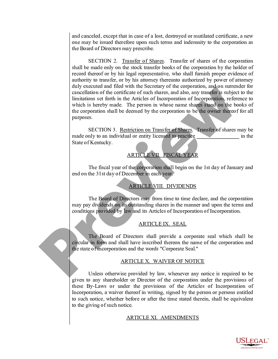 page 9 Sample Bylaws for a Kentucky Professional Service Corporation preview