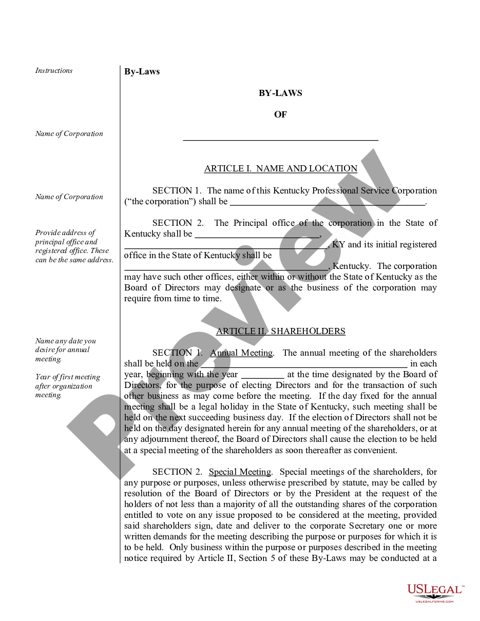 page 1 Sample Bylaws for a Kentucky Professional Service Corporation preview