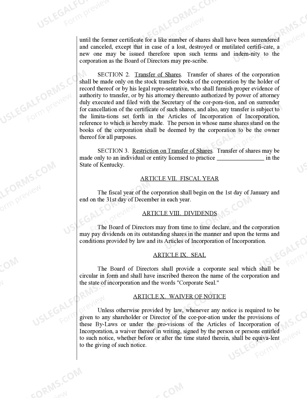 Preview Sample Bylaws for a Kentucky Professional Service Corporation