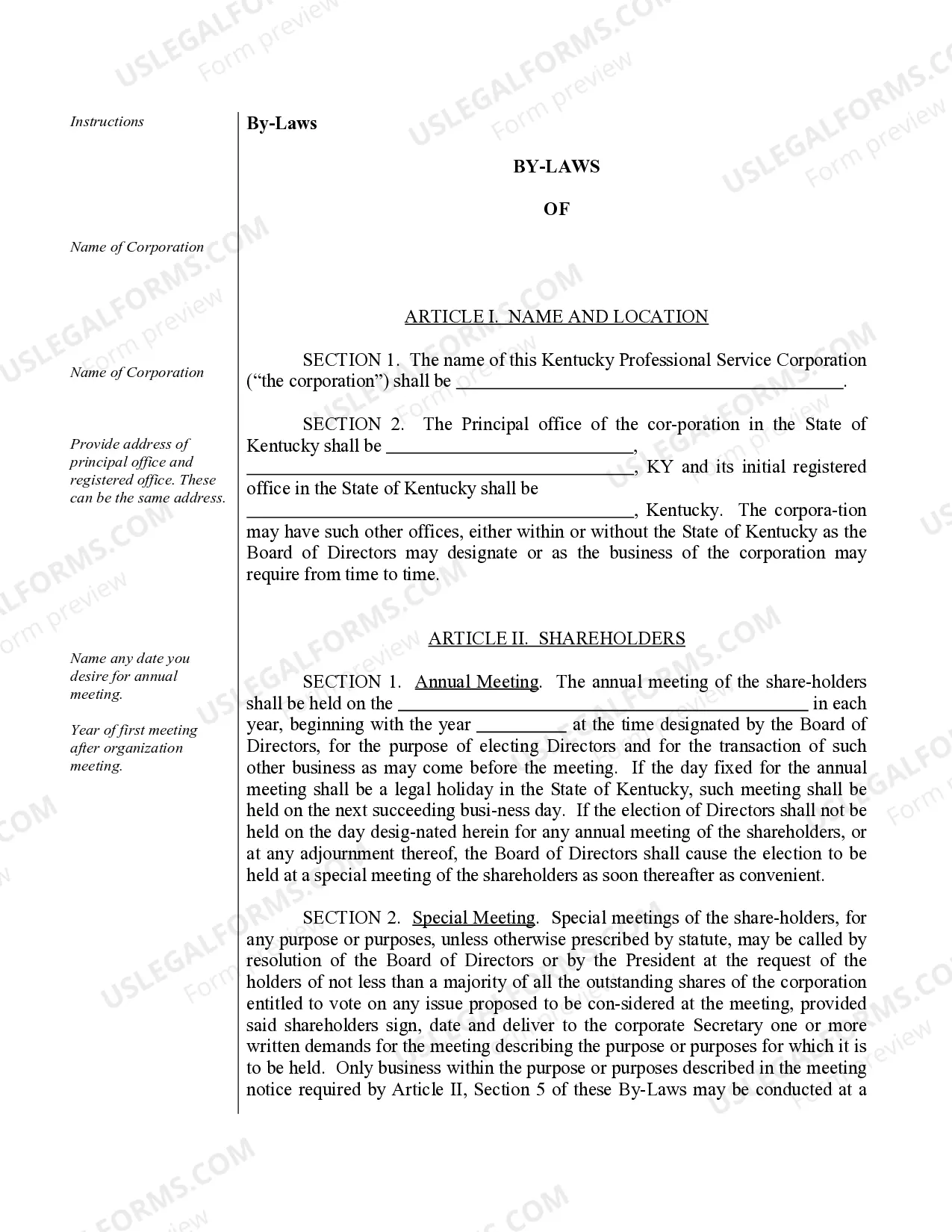 Preview Sample Bylaws for a Kentucky Professional Service Corporation