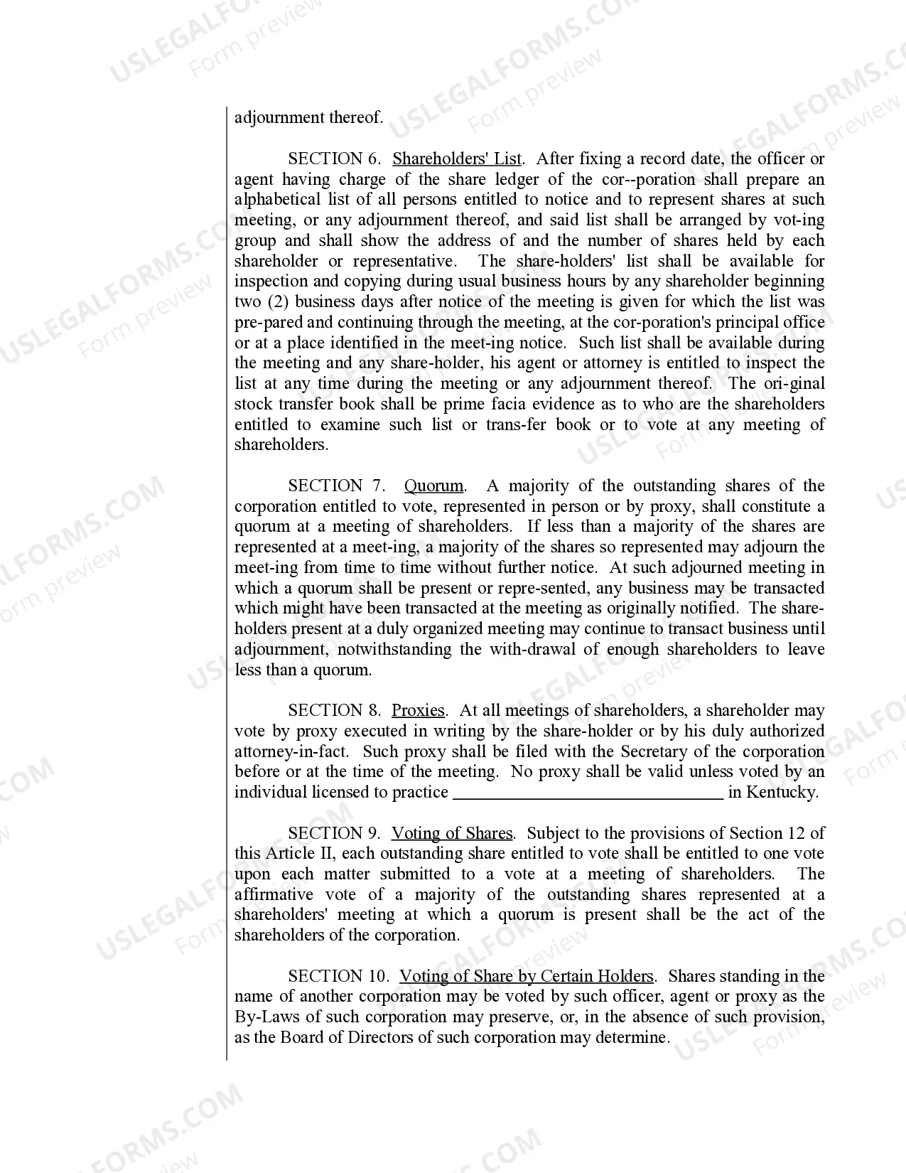 Preview Sample Bylaws for a Kentucky Professional Service Corporation