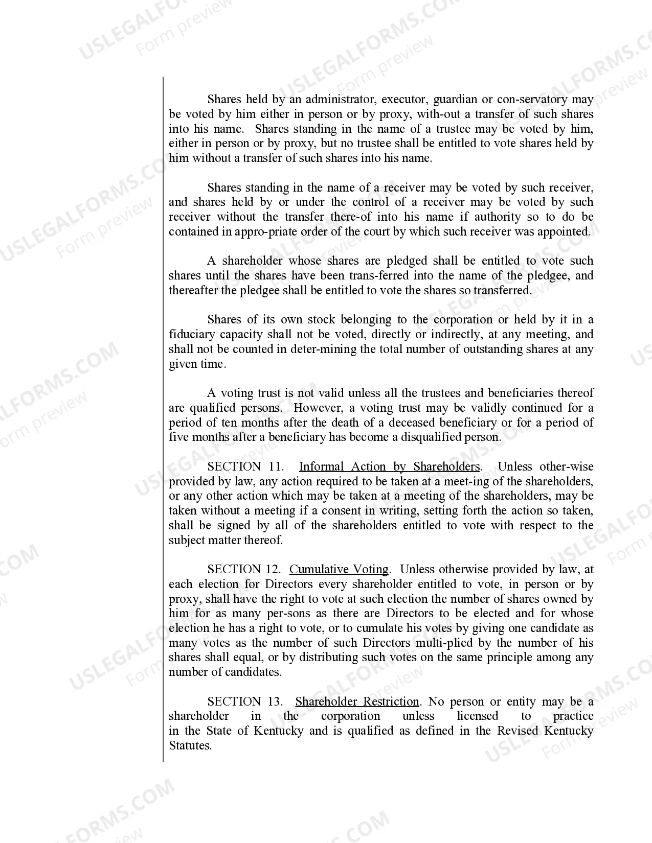 Preview Sample Bylaws for a Kentucky Professional Service Corporation