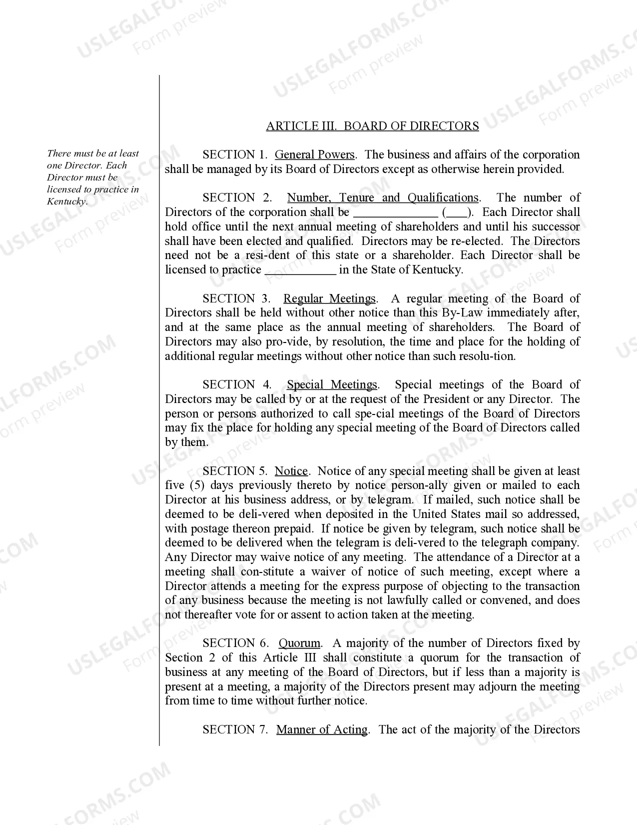 Preview Sample Bylaws for a Kentucky Professional Service Corporation