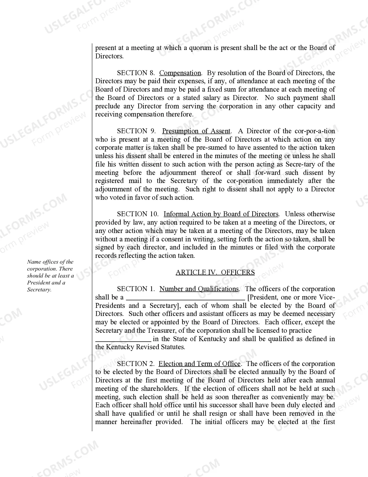 Preview Sample Bylaws for a Kentucky Professional Service Corporation