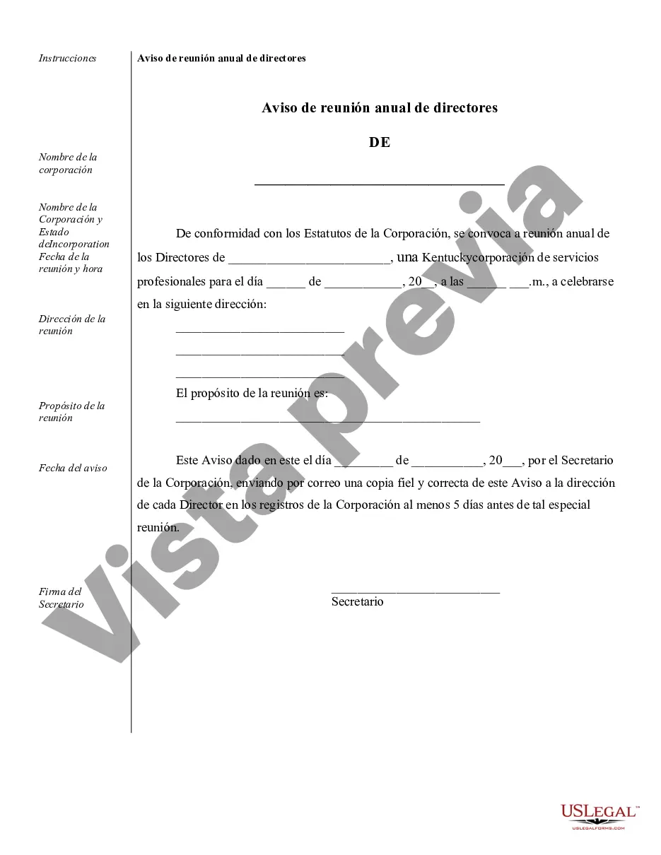 Preview Muestra de registros corporativos para una corporación de servicios profesionales de Kentucky