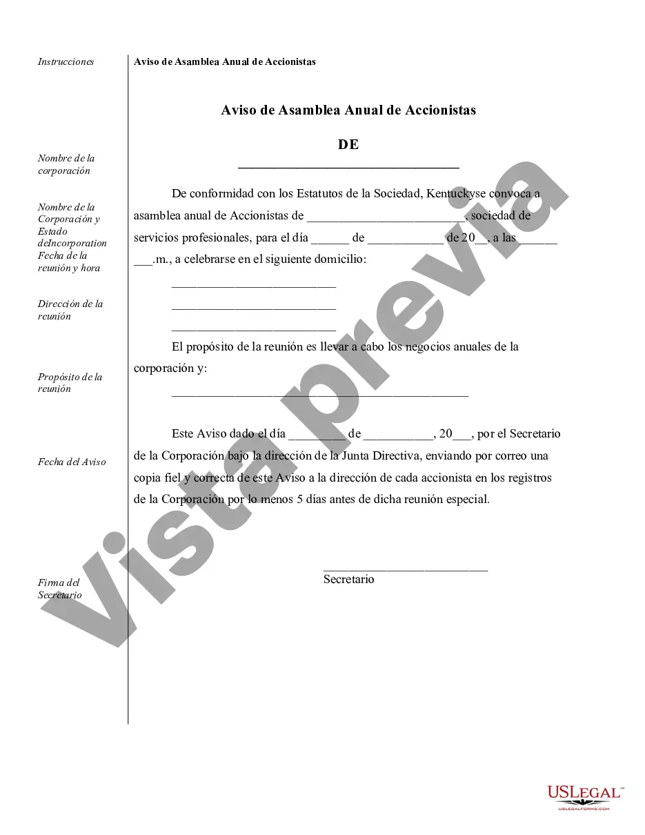 Preview Muestra de registros corporativos para una corporación de servicios profesionales de Kentucky