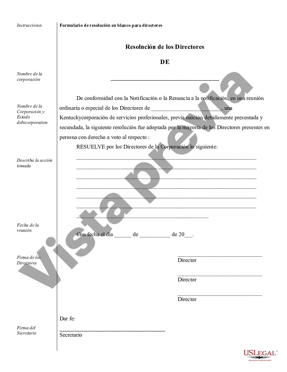 Preview Muestra de registros corporativos para una corporación de servicios profesionales de Kentucky