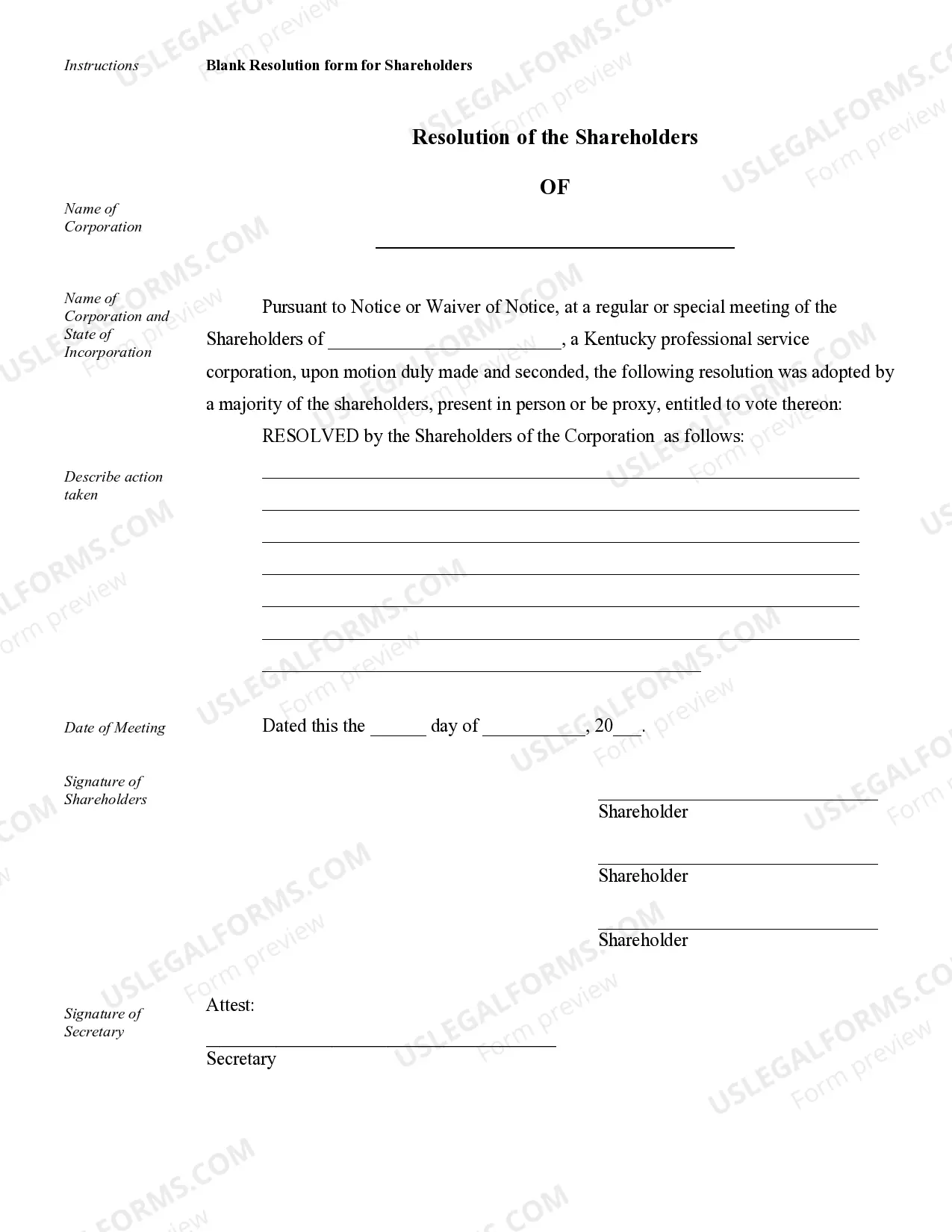 Preview Sample Corporate Records for a Kentucky Professional Service Corporation