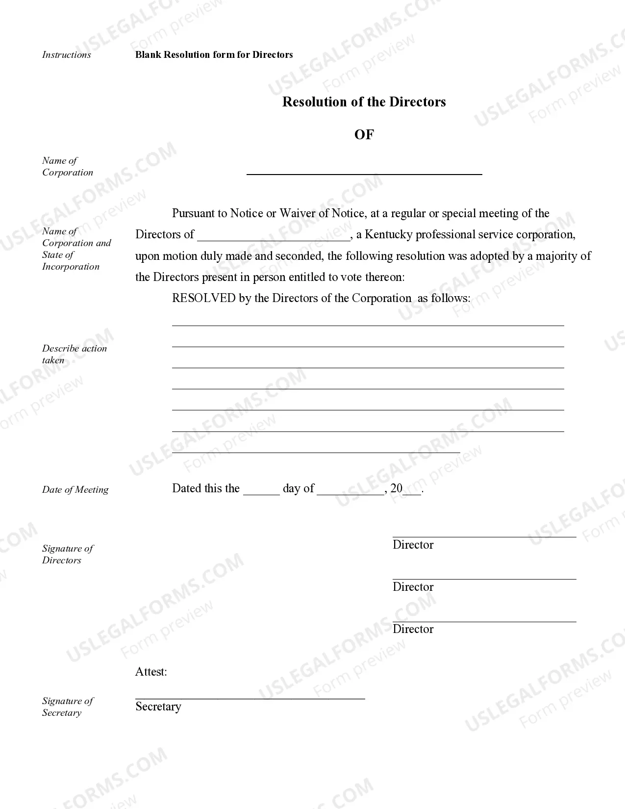 Preview Sample Corporate Records for a Kentucky Professional Service Corporation