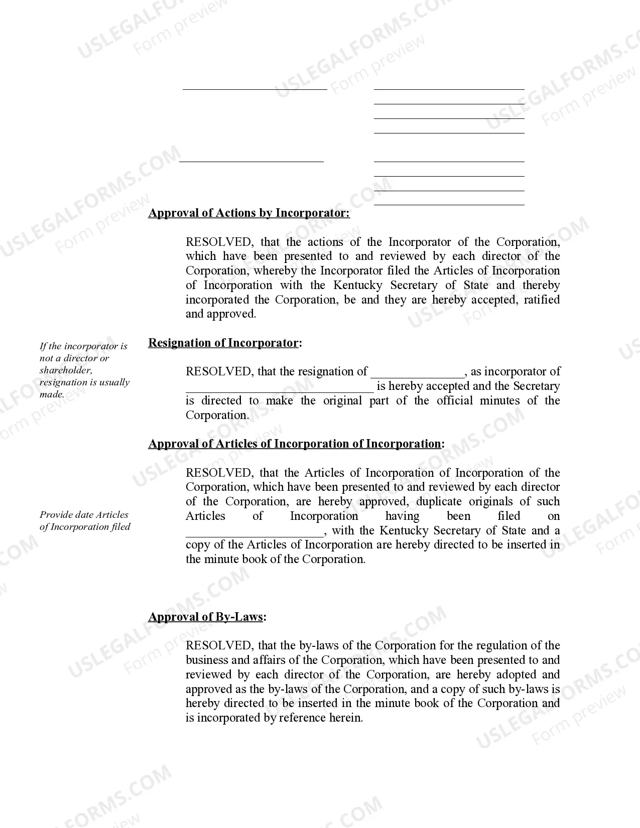 Preview Organizational Minutes for a Kentucky Professional Service Corporation