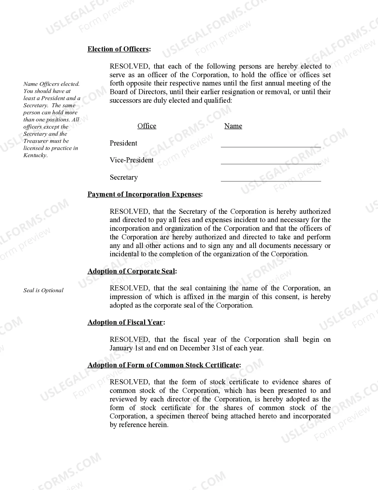 Preview Organizational Minutes for a Kentucky Professional Service Corporation