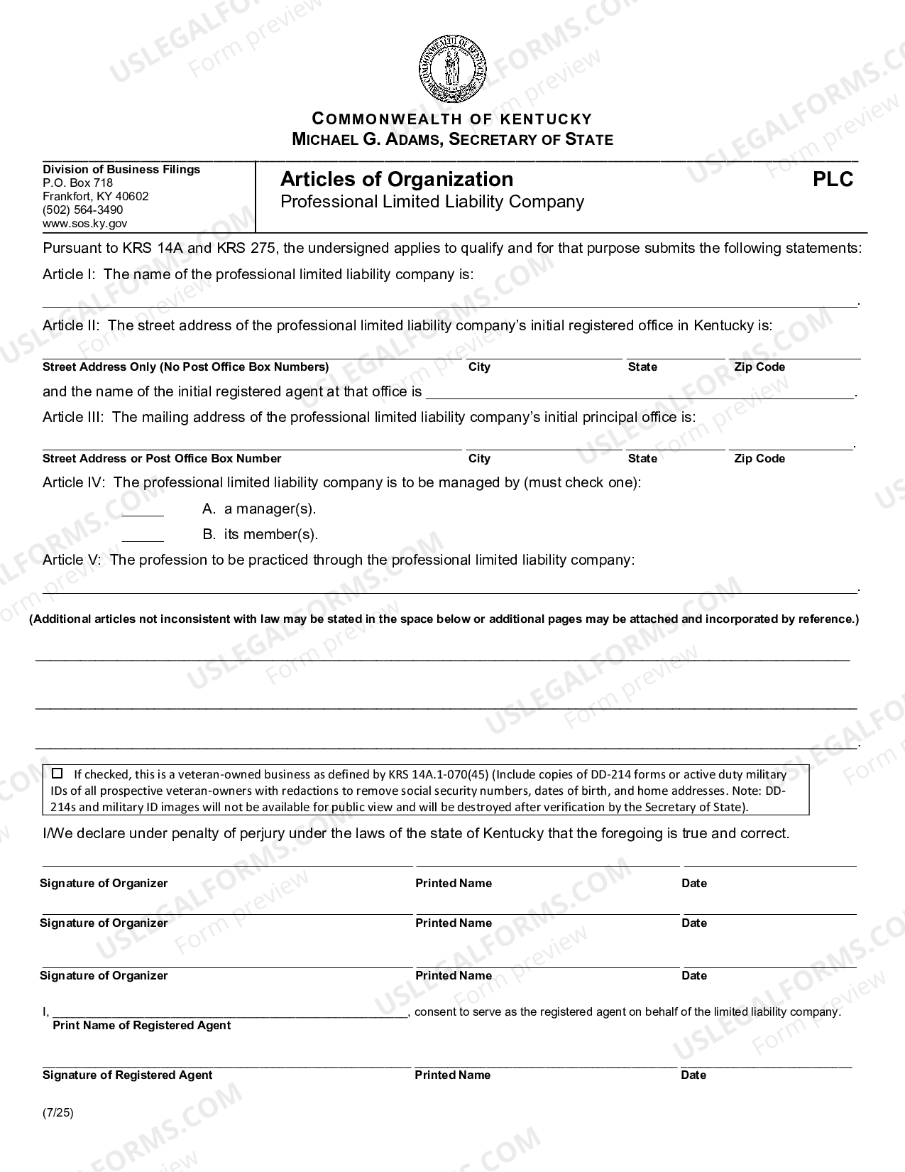 Articles of Organization for a Kentucky Professional Limited Liability