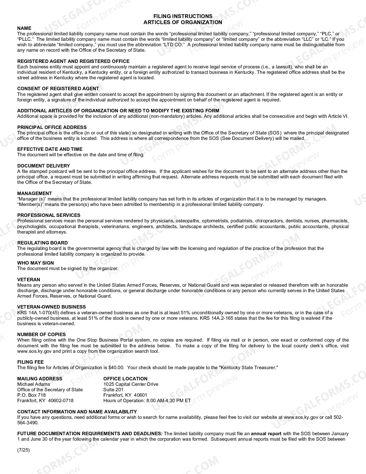 Preview Articles of Organization for a Kentucky Professional Limited Liability Company PLLC