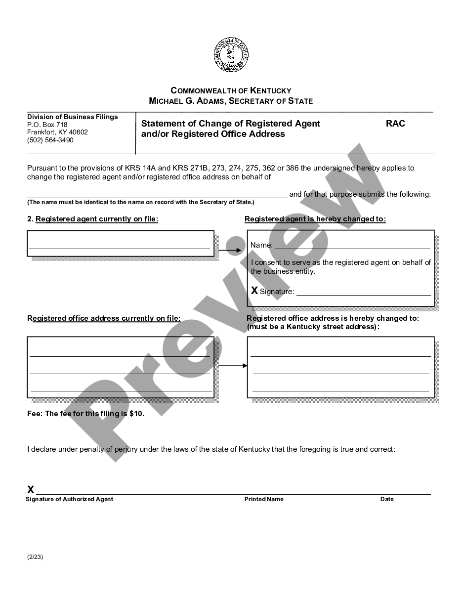 page 0 Kentucky Change of Registered Agent preview