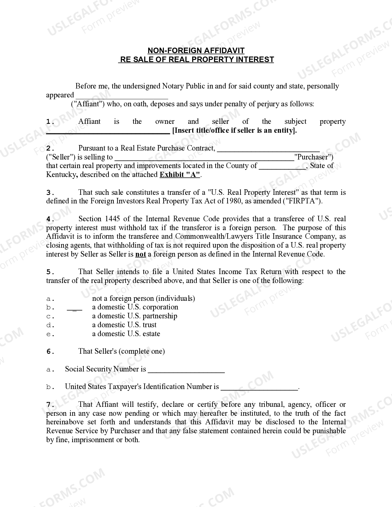 Kentucky NonForeign Affidavit Resale of Real Property Interest US