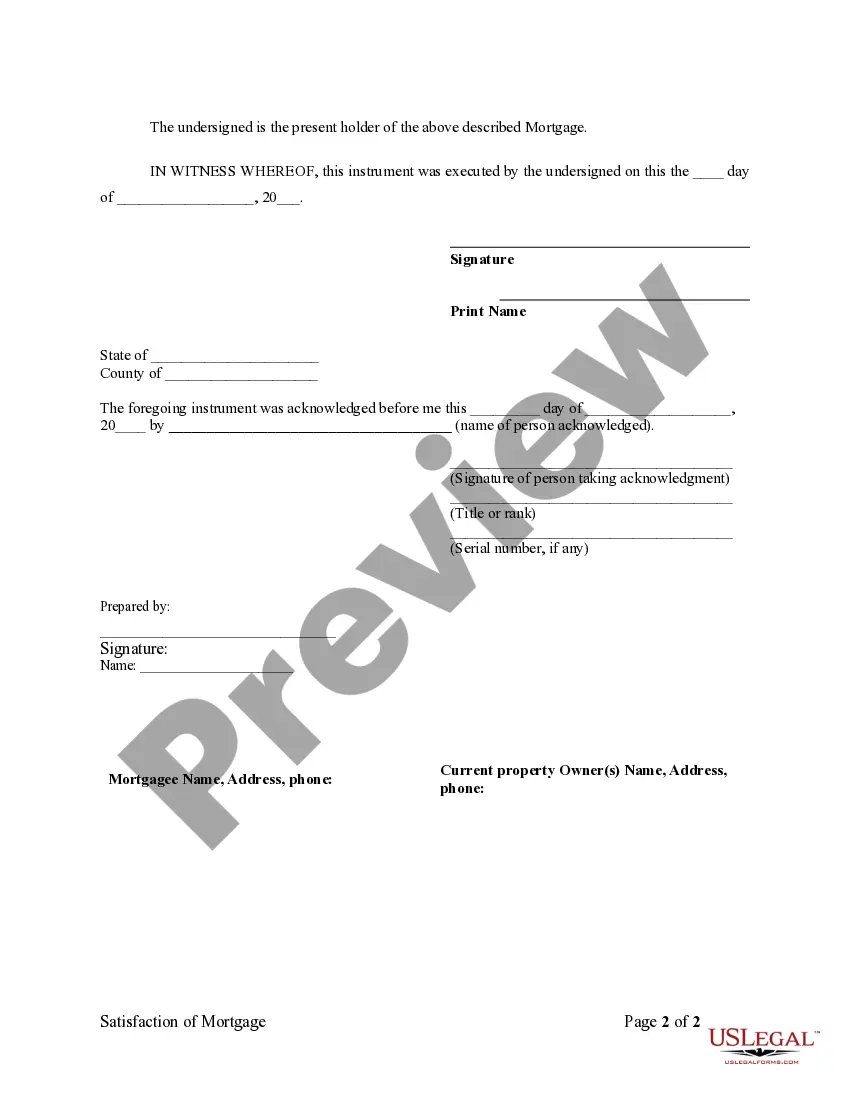 Preview Satisfaction, Release or Cancellation of Mortgage by Individual