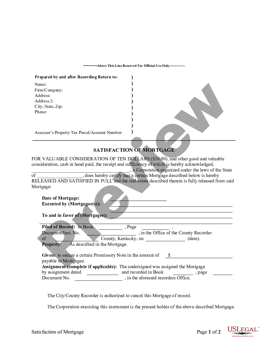page 0 Satisfaction, Release or Cancellation of Mortgage by Corporation preview
