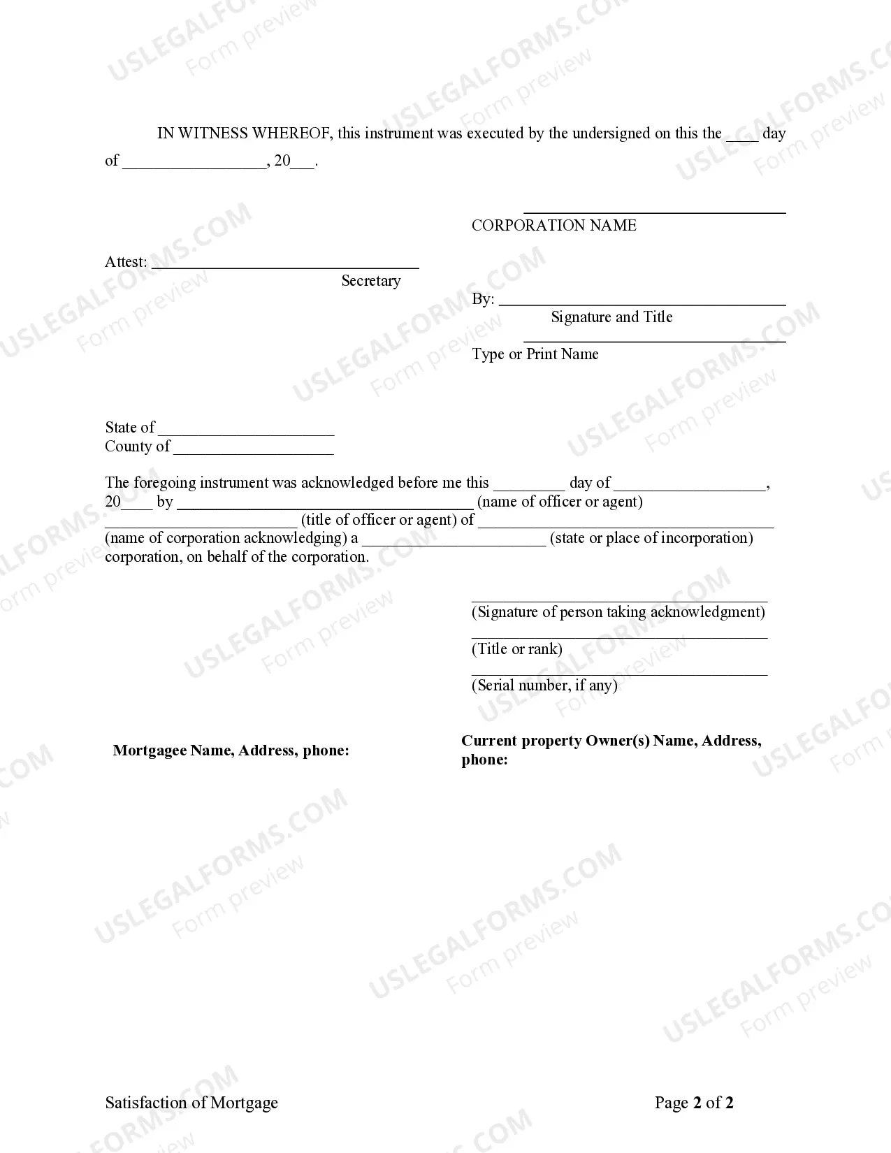 Preview Satisfaction, Release or Cancellation of Mortgage by Corporation