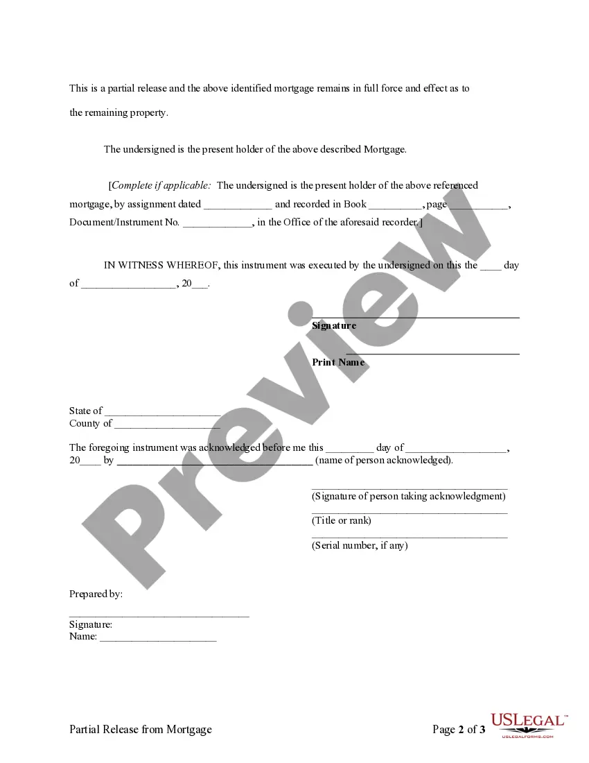 Preview Partial Release of Property From Mortgage by Individual Holder