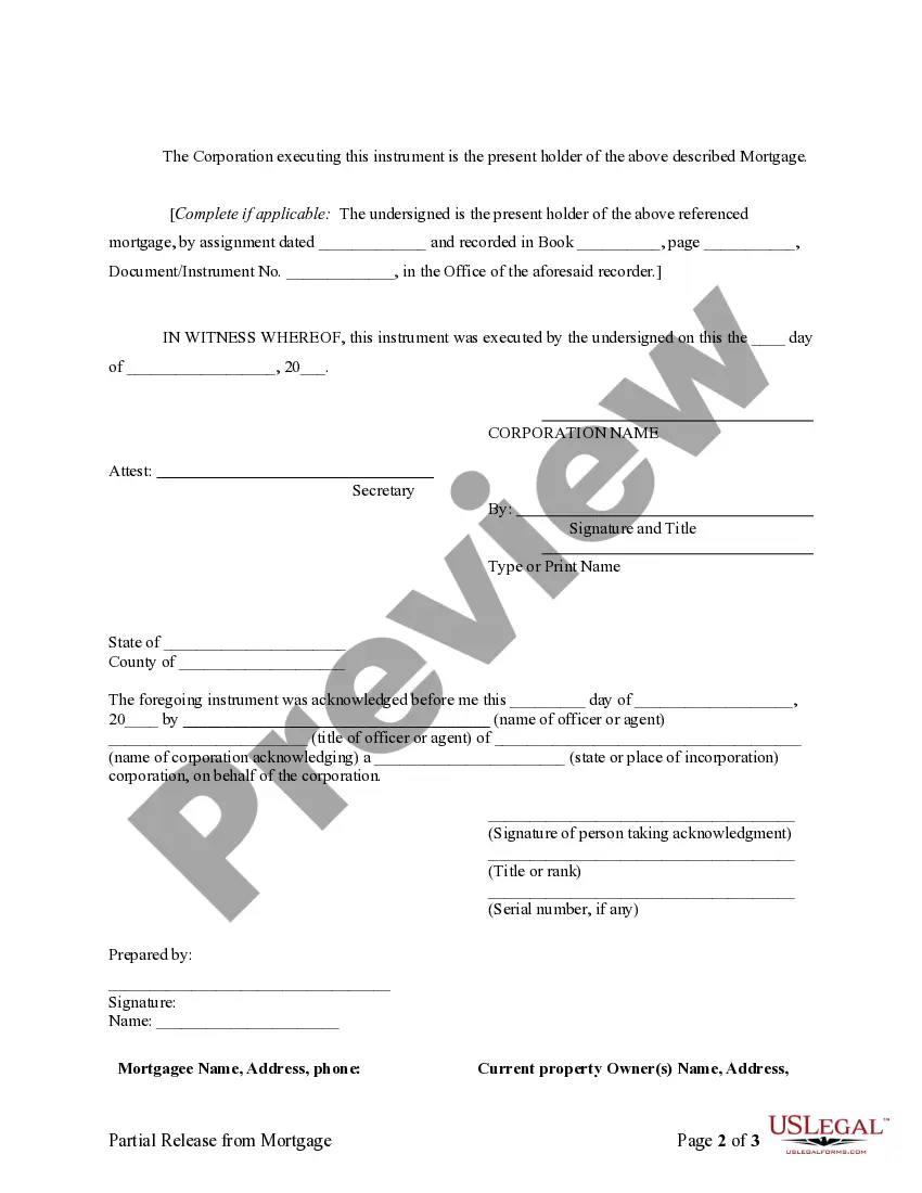 Preview Partial Release of Property From Mortgage for Corporation