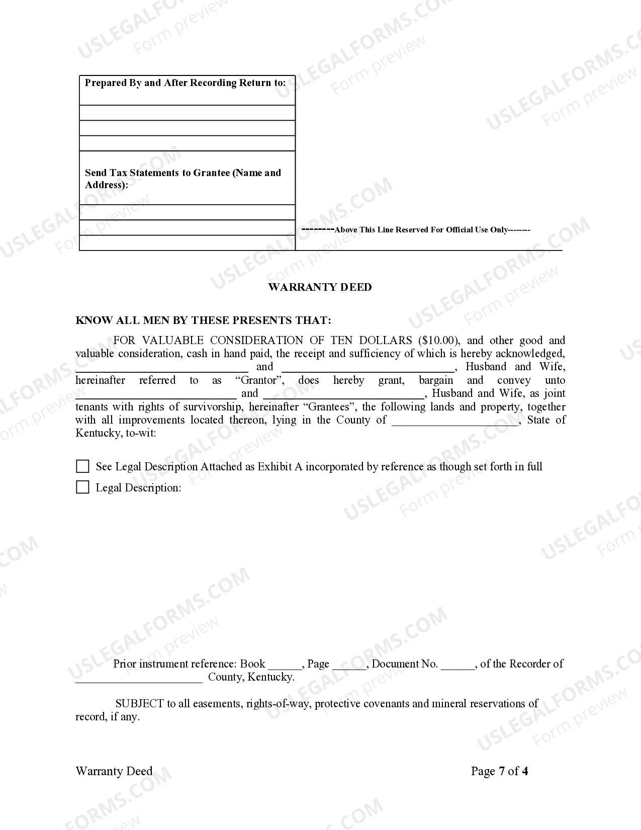 Preview Warranty Deed for Husband and Wife Converting Property from Tenants in Common to Joint Tenancy